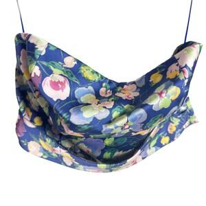 Amur Blue Floral Print Satin Strapless Cropped Top Size Medium